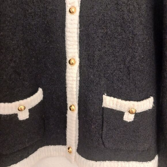 WOOL Cardigan Sweater Sz M BLACK White Gold Buttons Preppy Holiday Old Money Vtg - Picture 4 of 11